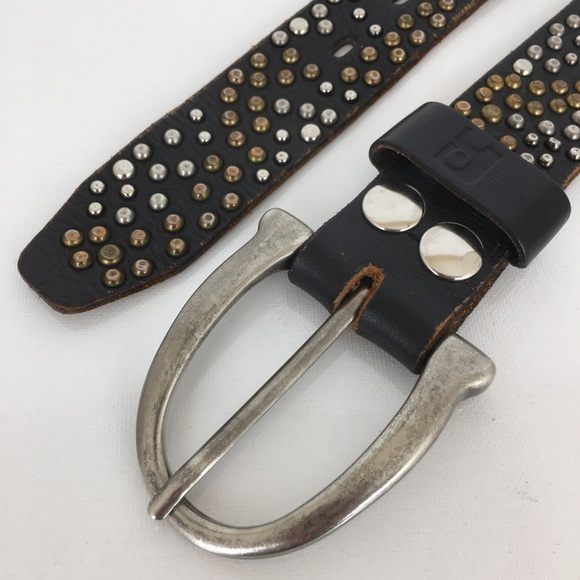 Brown Genuine Leather Belt Mixed Metal Studs Silver Tone Buckle Women’s Size L - Picture 9 of 10